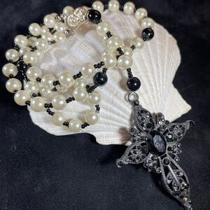 White Pearl With Black Crystal Cross, Five Decade Fashion Rosary Necklace